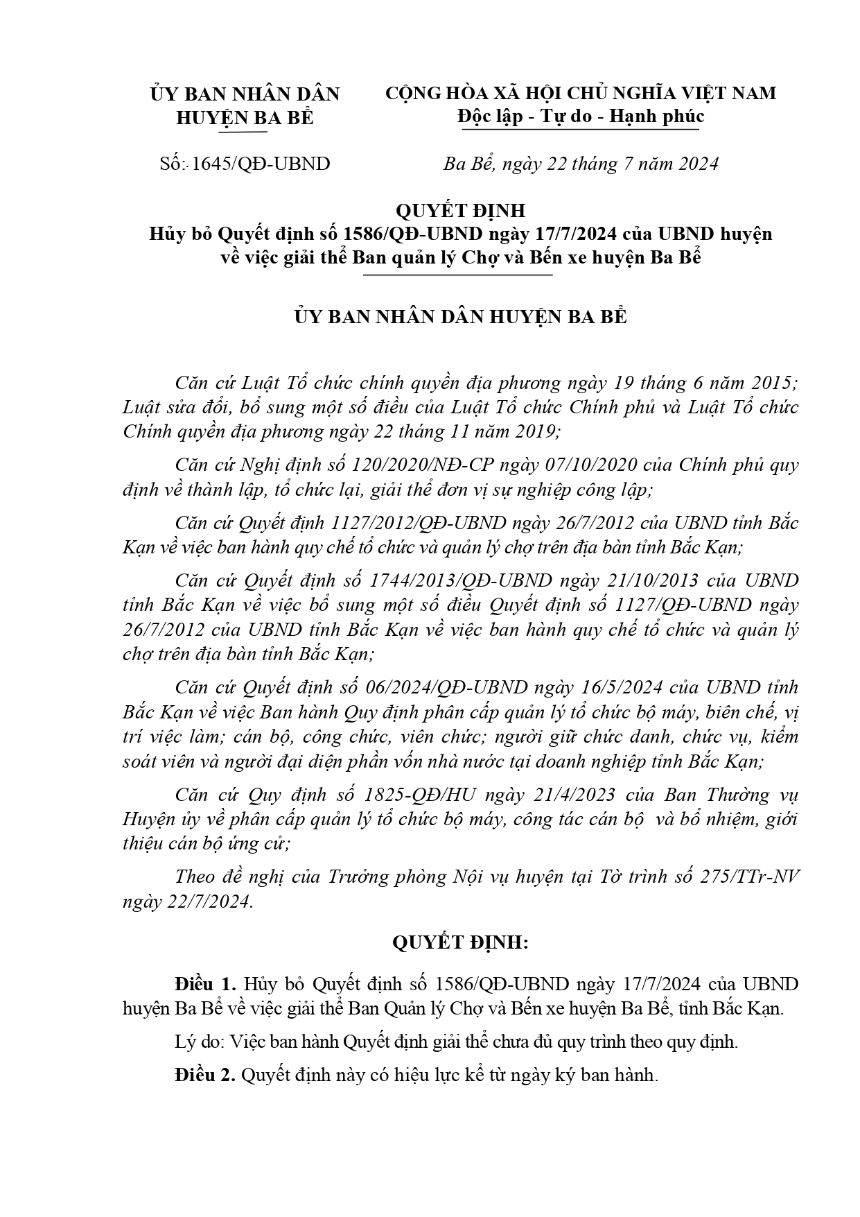 Quyết định huỷ bỏ Quyết định số 1586/QĐ-UBND ngày 17/7/2024 của UBND huyện Ba Bể về việc giải thể Ban quản lý Chợ và Bến xe huyện Ba Bể